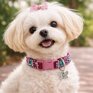 Artisan Beaded Dog Collar Pink Turquoise Butterfly Charm Handmade